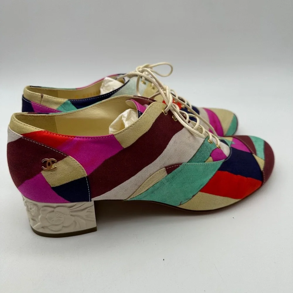 NEW CHANEL‎ BROGUES SHOES CAMELIA G HEELS MULTI COLOR CANVAS G31468 Size 38.5